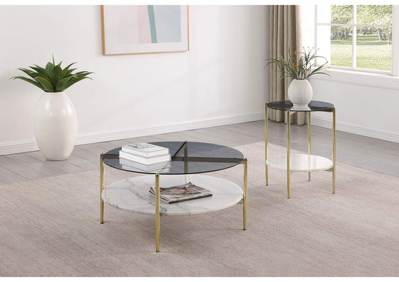 710338-S2 Jonelle 2-piece Round Coffee and End Table Set Gold