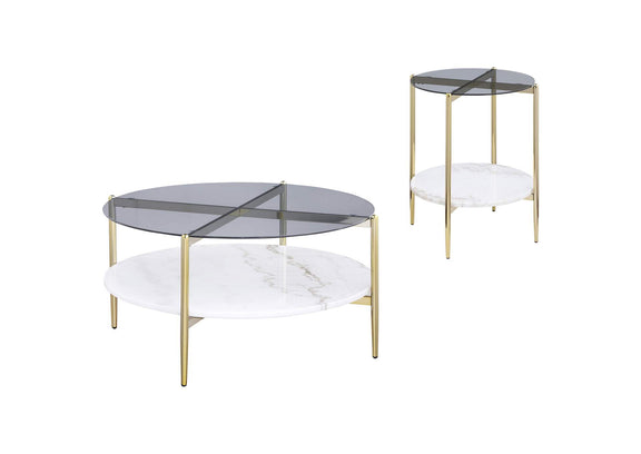 710338-S2 Jonelle 2-piece Round Coffee and End Table Set Gold