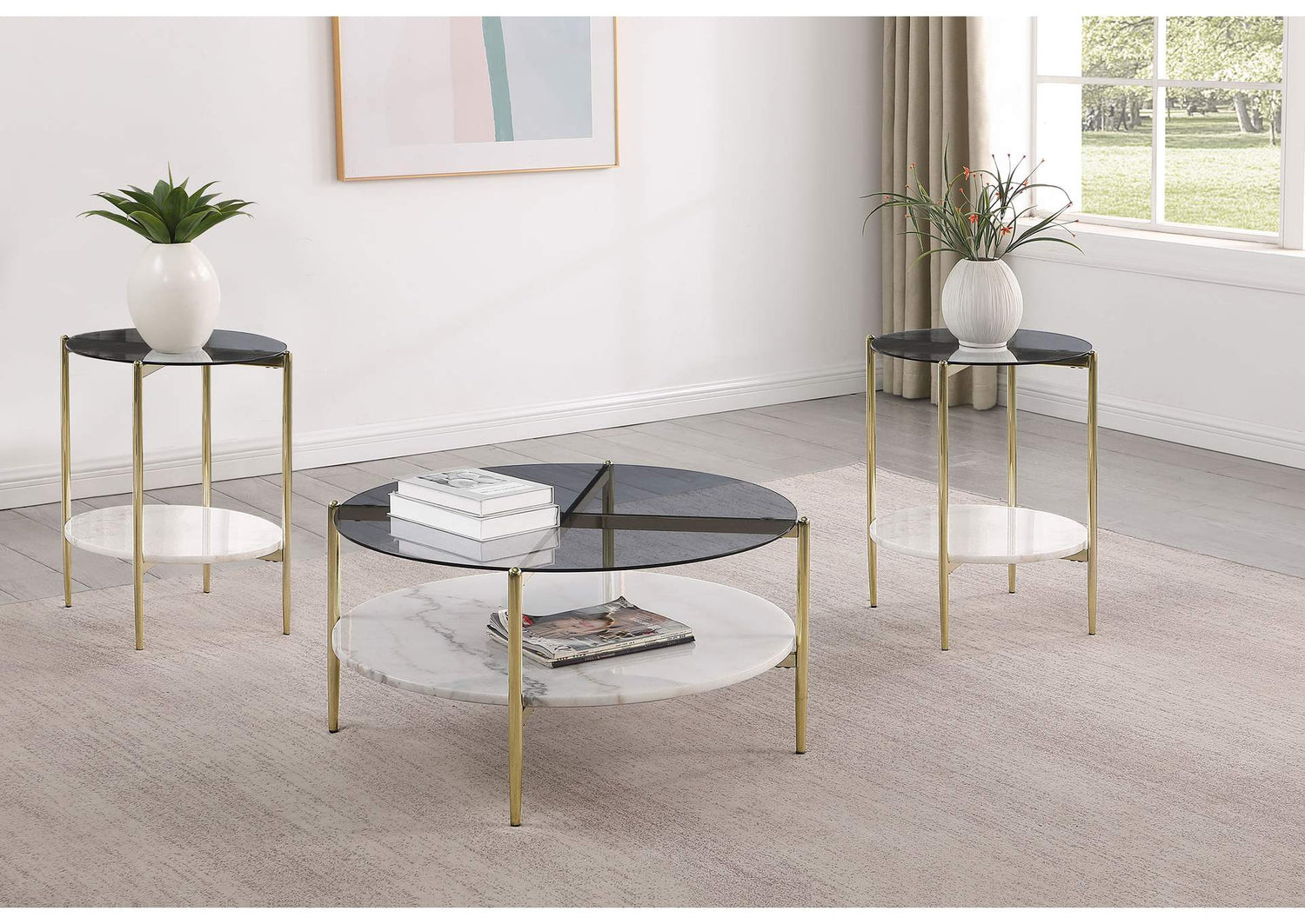 710338-S3 Jonelle 3-piece Round Coffee and End Table Set Gold