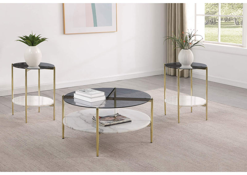 710338-S3 Jonelle 3-piece Round Coffee and End Table Set Gold