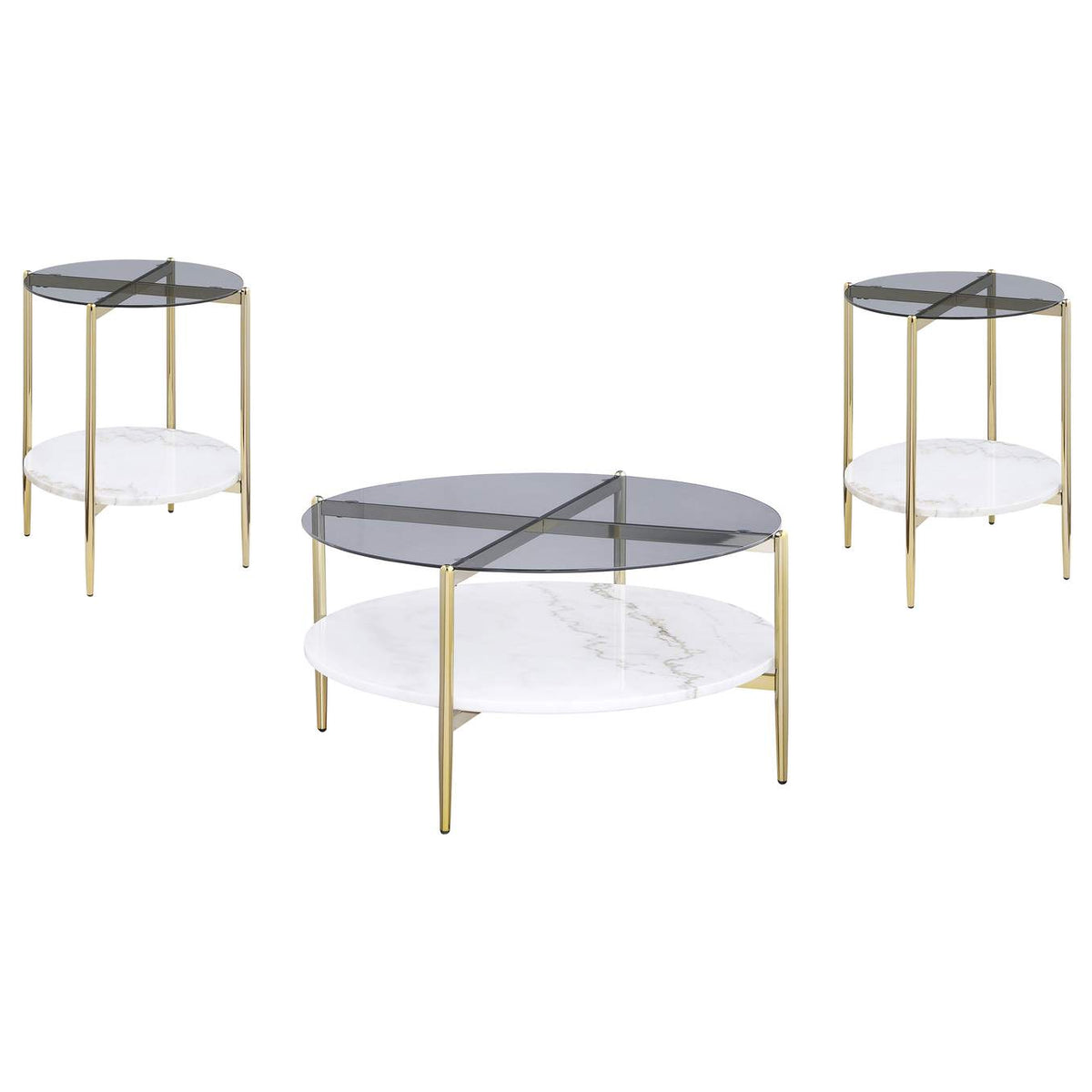 710338-S3 Jonelle 3-piece Round Coffee and End Table Set Gold