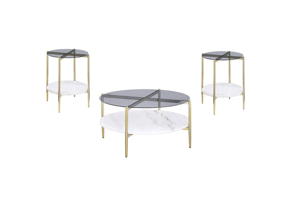 710338-S3 Jonelle 3-piece Round Coffee and End Table Set Gold
