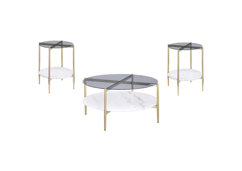 710338-S3 Jonelle 3-piece Round Coffee and End Table Set Gold