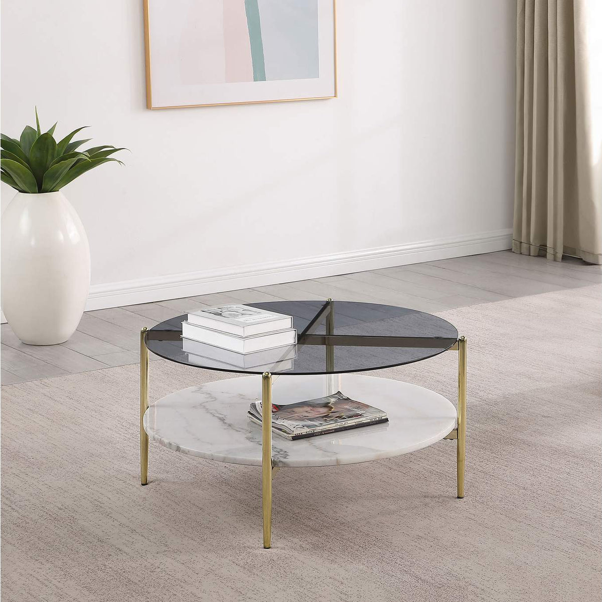 710338 Jonelle Round Glass Top Coffee Table White Marble Shelf Gold