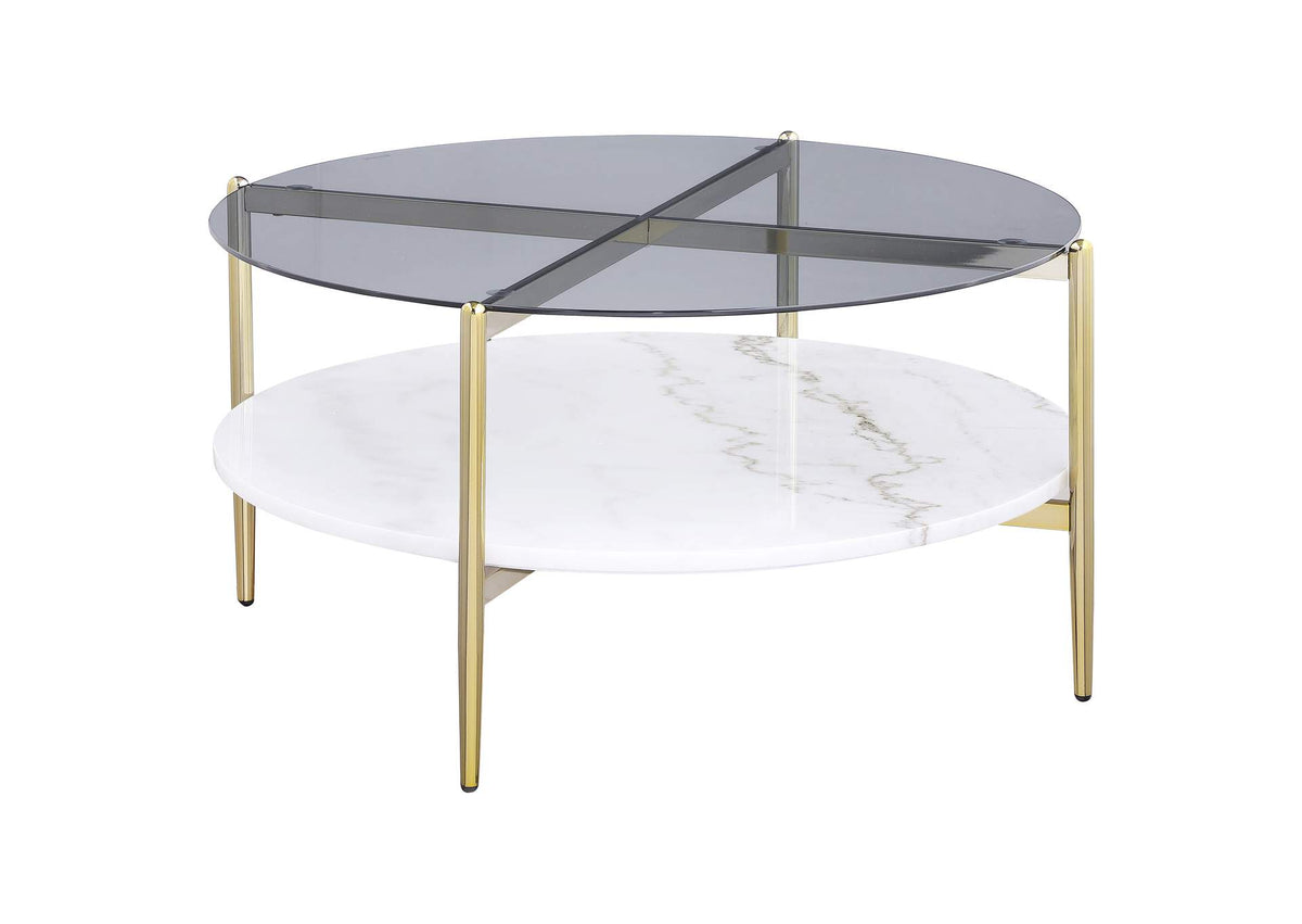 710338 Jonelle Round Glass Top Coffee Table White Marble Shelf Gold