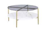 710338 Jonelle Round Glass Top Coffee Table White Marble Shelf Gold