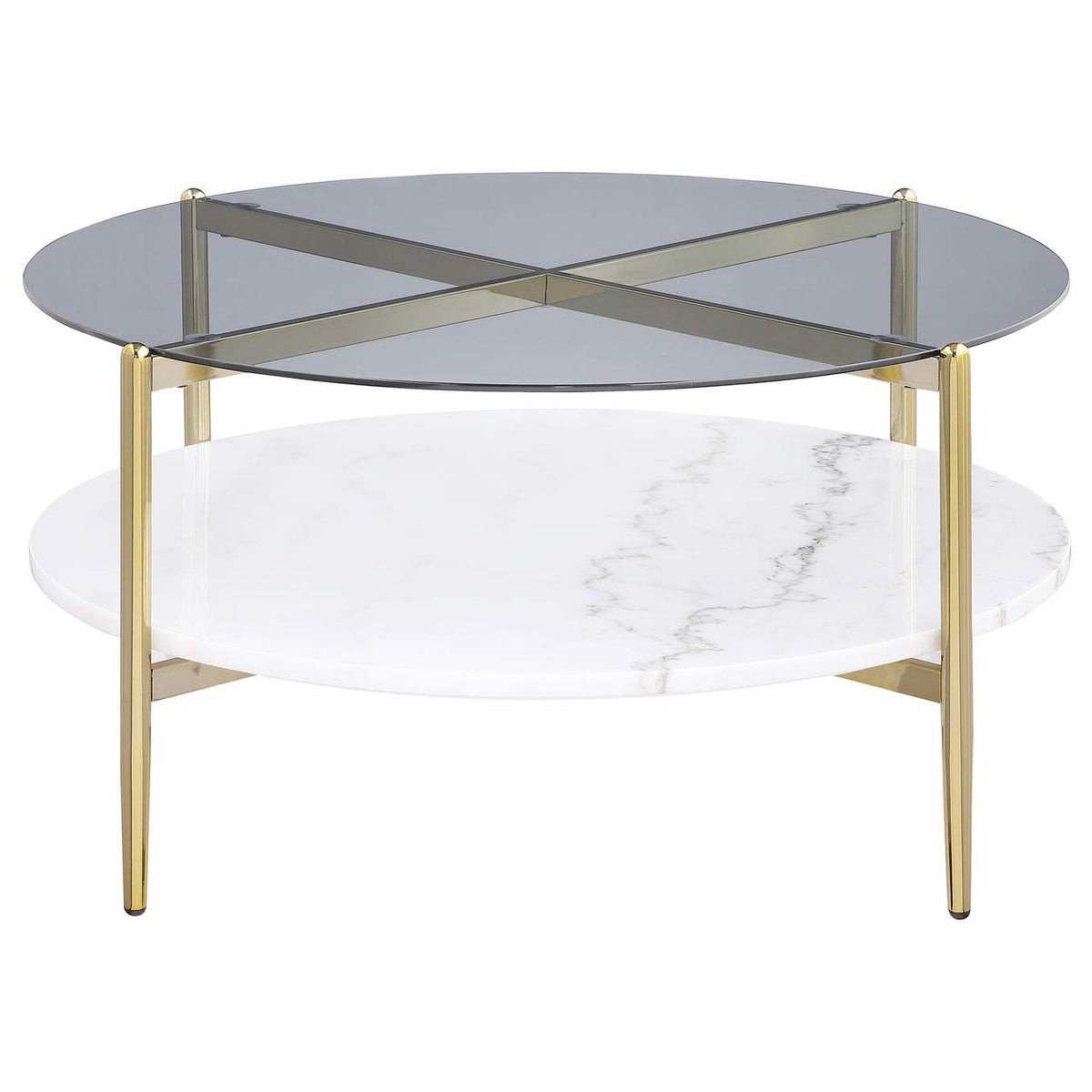 710338 Jonelle Round Glass Top Coffee Table White Marble Shelf Gold