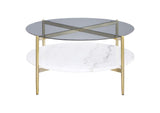 710338 Jonelle Round Glass Top Coffee Table White Marble Shelf Gold