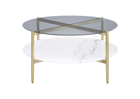 710338 Jonelle Round Glass Top Coffee Table White Marble Shelf Gold