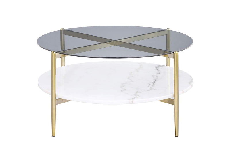 710338 Jonelle Round Glass Top Coffee Table White Marble Shelf Gold