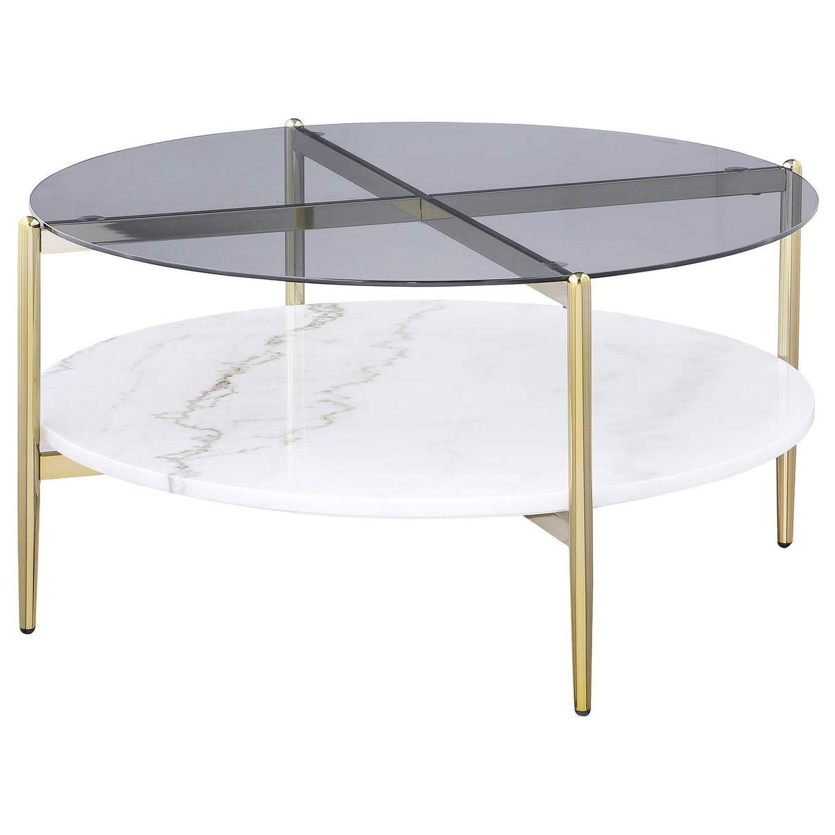 710338 Jonelle Round Glass Top Coffee Table White Marble Shelf Gold
