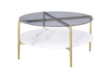 710338 Jonelle Round Glass Top Coffee Table White Marble Shelf Gold