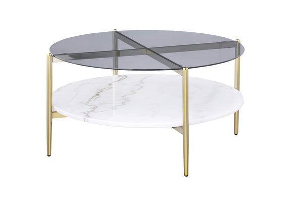 710338 Jonelle Round Glass Top Coffee Table White Marble Shelf Gold