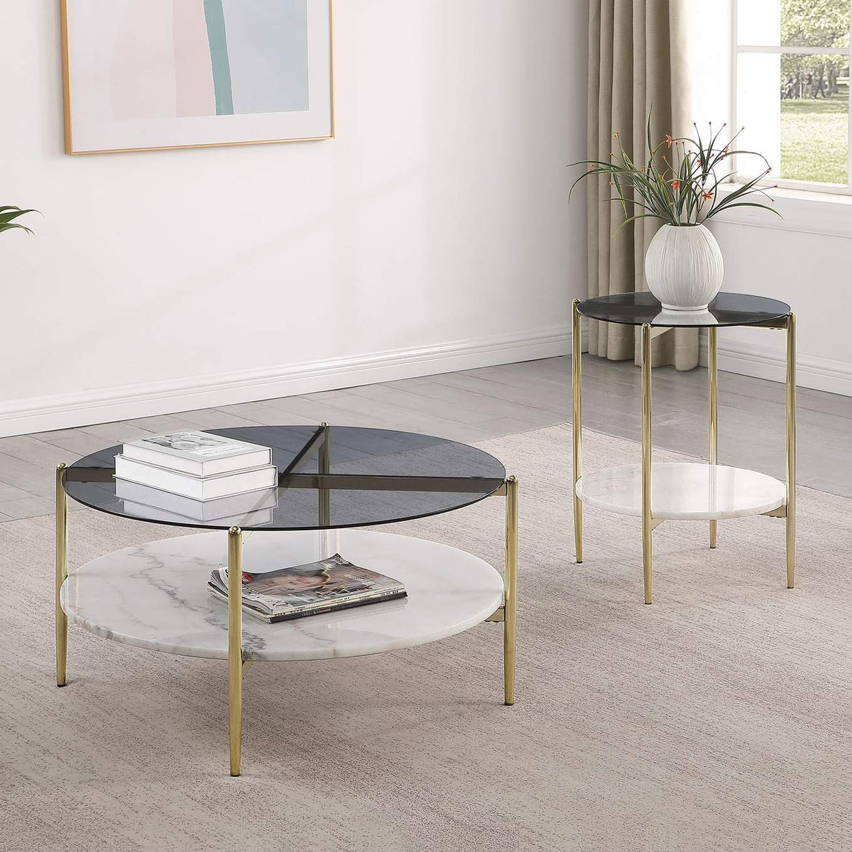 710338 Jonelle Round Glass Top Coffee Table White Marble Shelf Gold