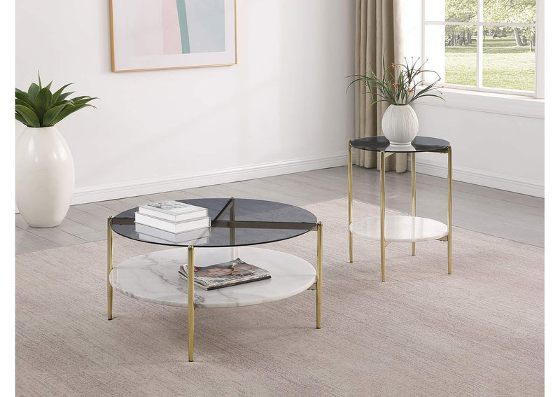 710338 Jonelle Round Glass Top Coffee Table White Marble Shelf Gold