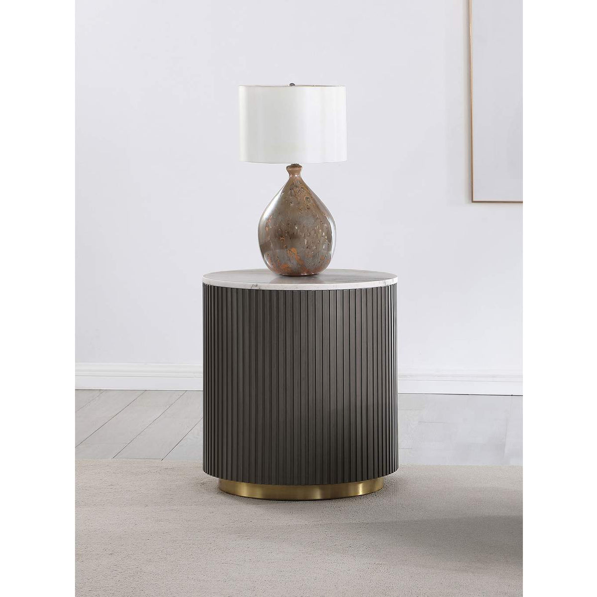 710417 Jason Round White Marble Top Side End Table Charcoal