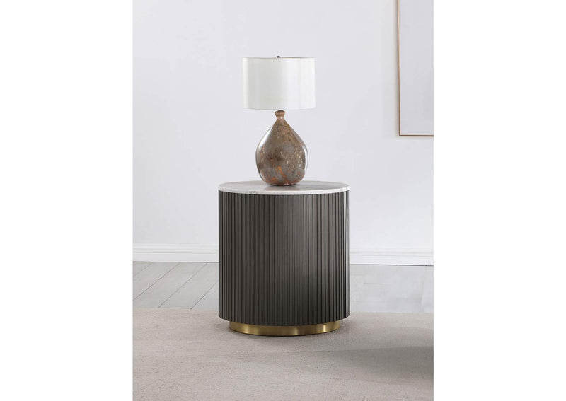 710417 Jason Round White Marble Top Side End Table Charcoal