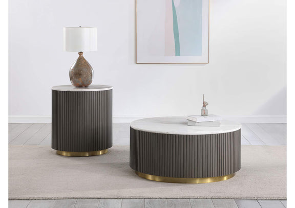 710417 Jason Round White Marble Top Side End Table Charcoal