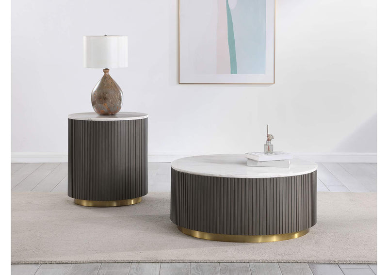 710418-S2 Jason 2-piece Round White Marble Coffee Table Set Charcoal