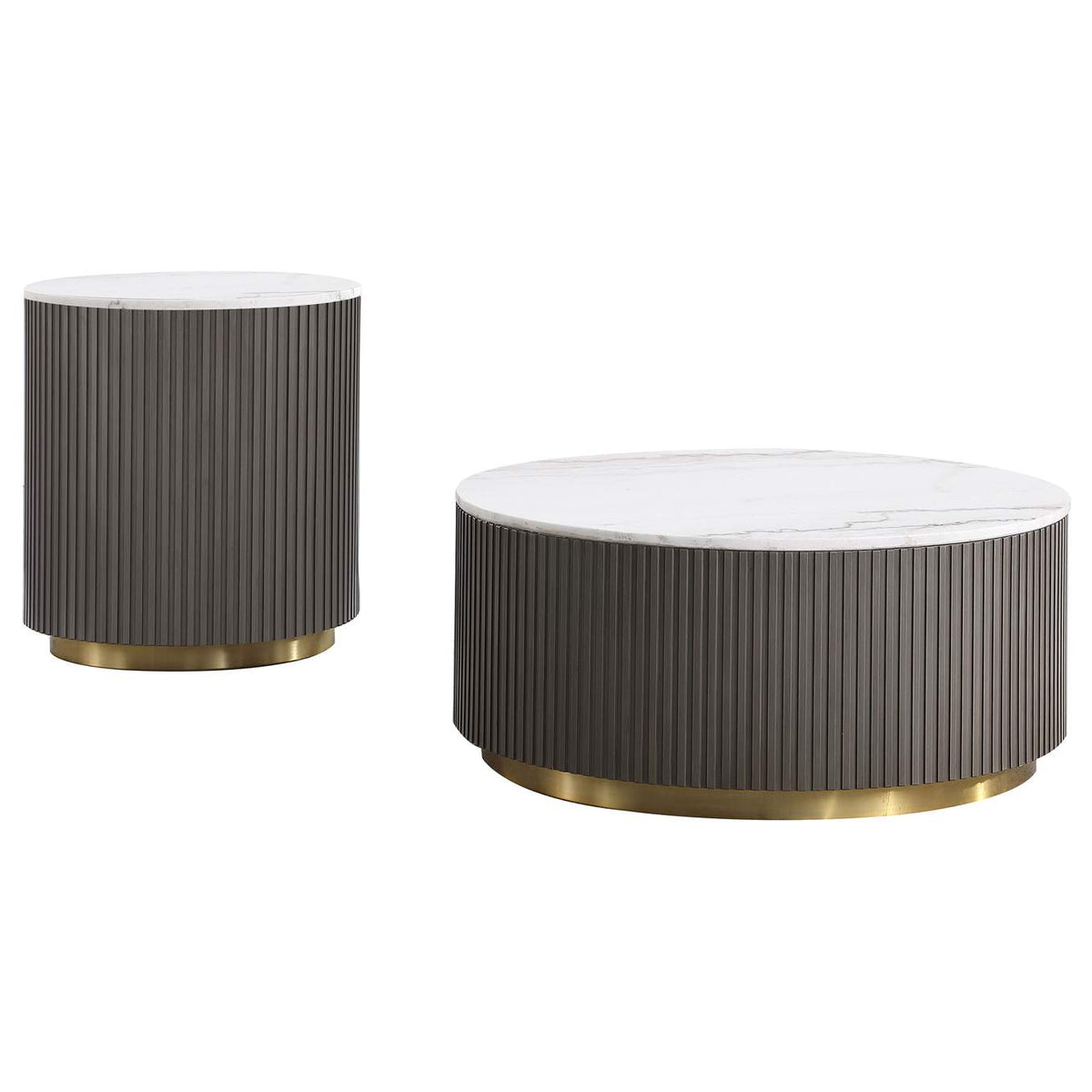 710418-S2 Jason 2-piece Round White Marble Coffee Table Set Charcoal