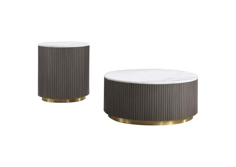 710418-S2 Jason 2-piece Round White Marble Coffee Table Set Charcoal