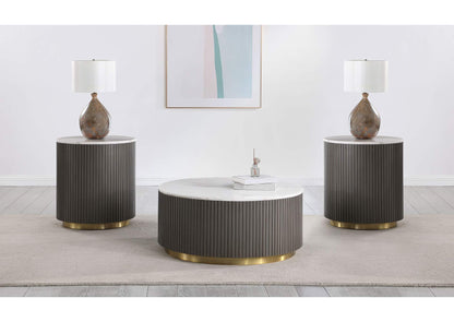 710418-S3 Jason 3-piece Round White Marble Coffee Table Set Charcoal