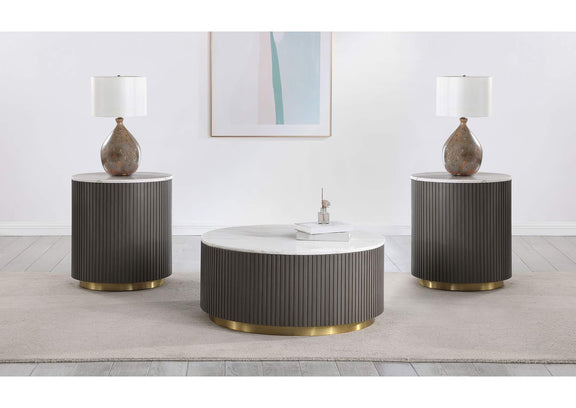 710418-S3 Jason 3-piece Round White Marble Coffee Table Set Charcoal