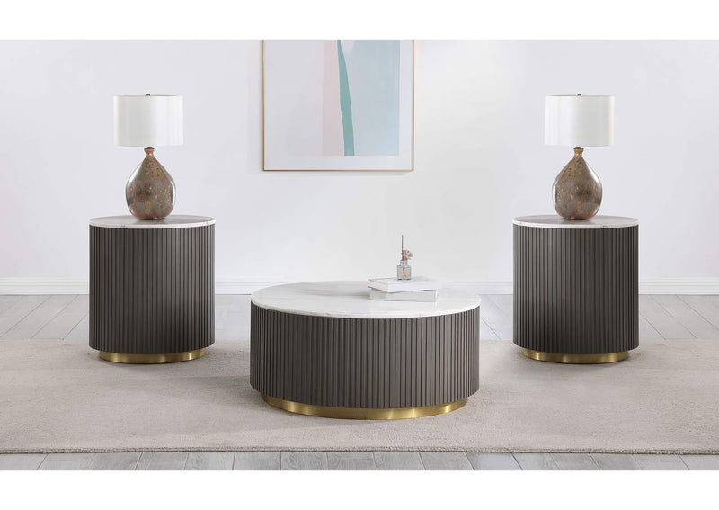 710418-S3 Jason 3-piece Round White Marble Coffee Table Set Charcoal