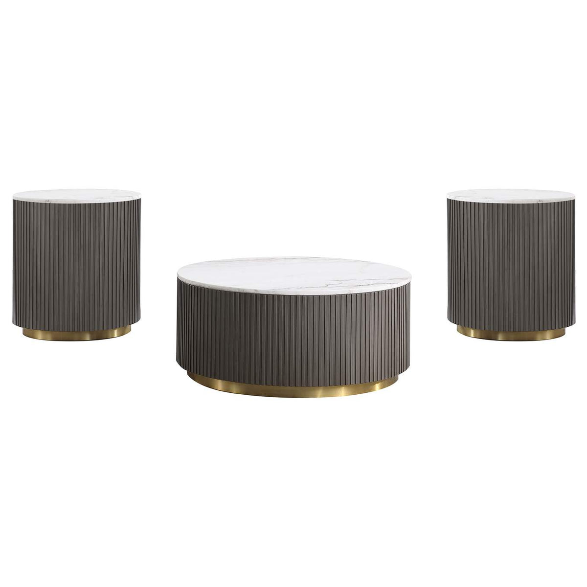 710418-S3 Jason 3-piece Round White Marble Coffee Table Set Charcoal