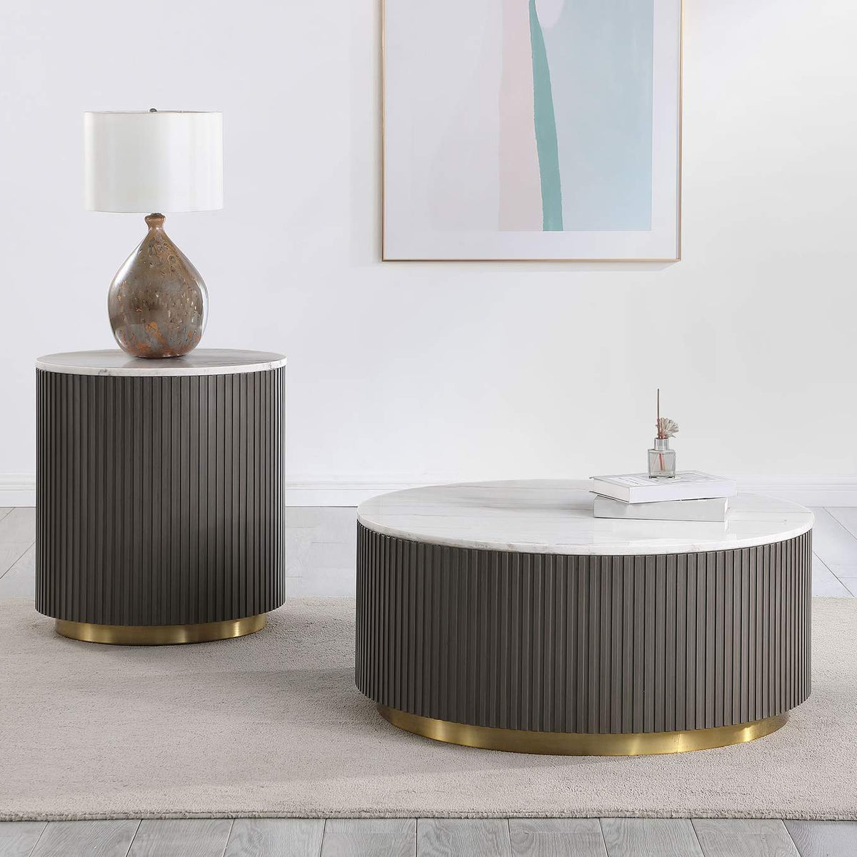 710418 Jason Round White Marble Top Coffee Table Charcoal