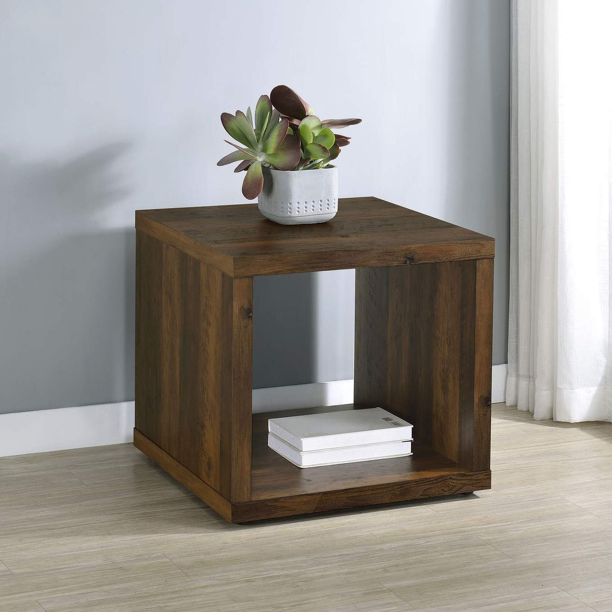 710507 Frisco Square Engineered Wood Side End Table Dark Pine