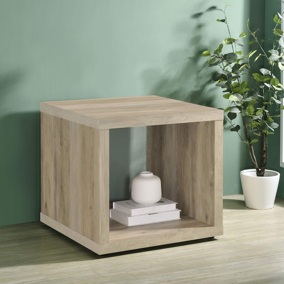 710517 Frisco Square Engineered Wood Side End Table Distressed Pine