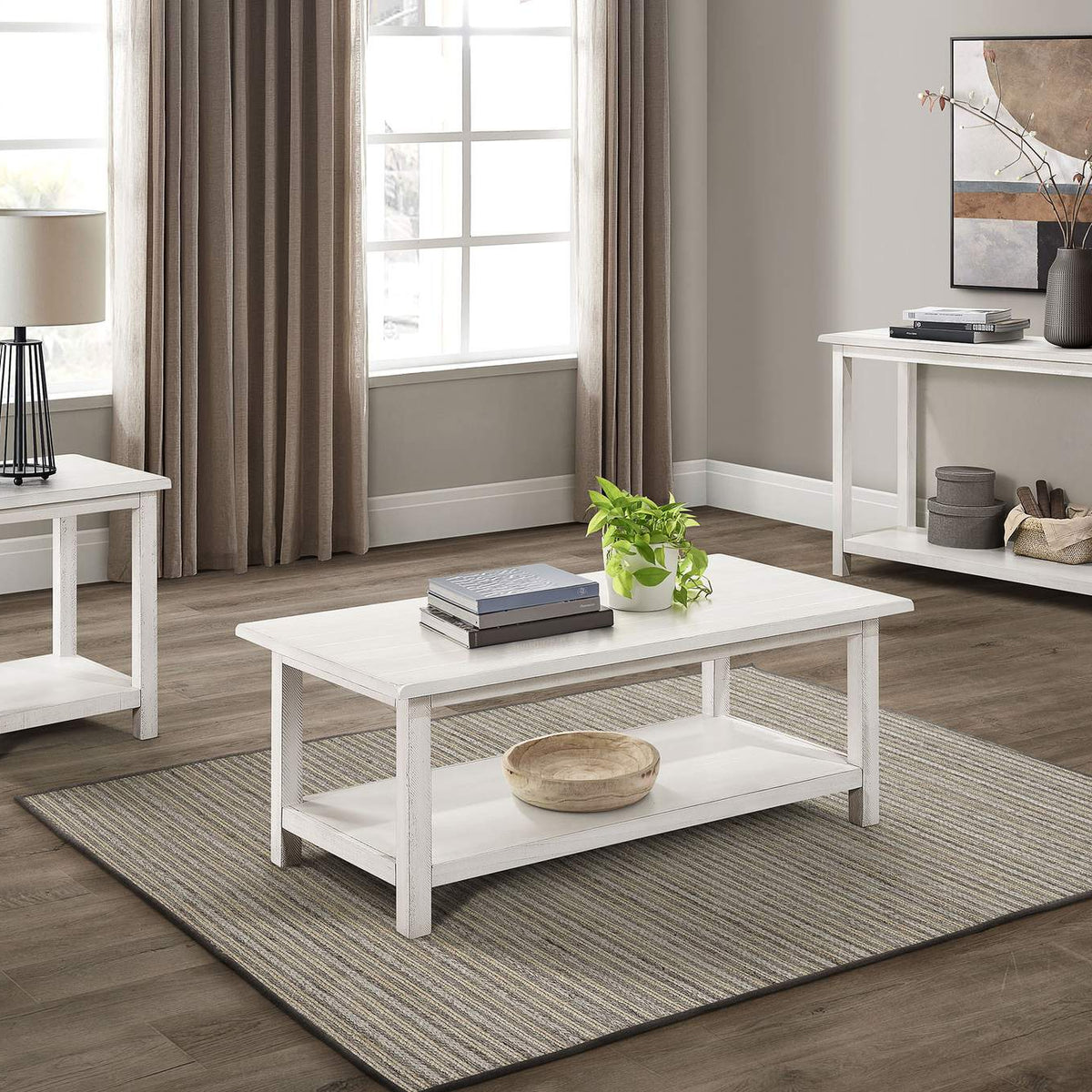 710556 Payne Wood End Table with Shelf Distressed White
