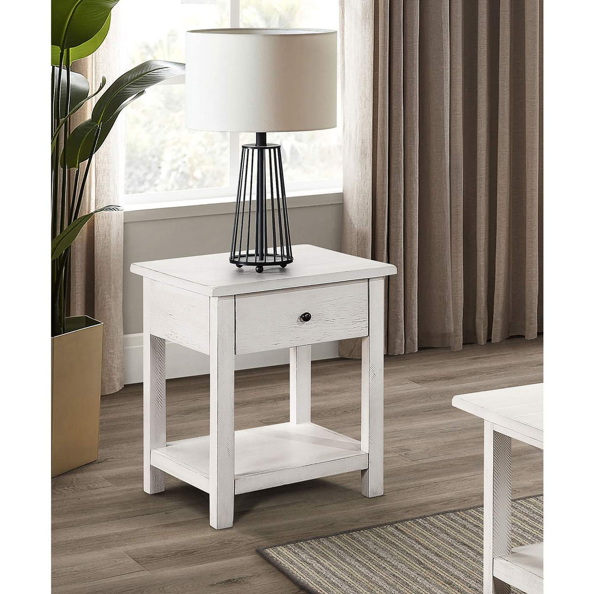 710557 Payne 1-drawer Wood End Table with Shelf Distressed White