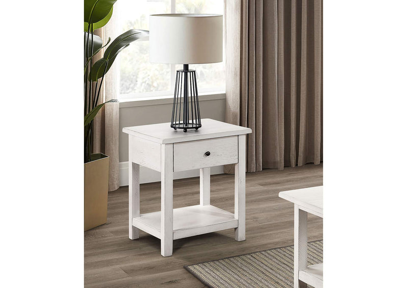 710557 Payne 1-drawer Wood End Table with Shelf Distressed White