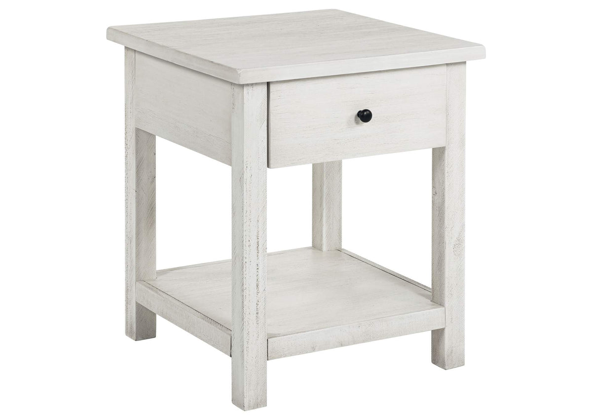 710557 Payne 1-drawer Wood End Table with Shelf Distressed White