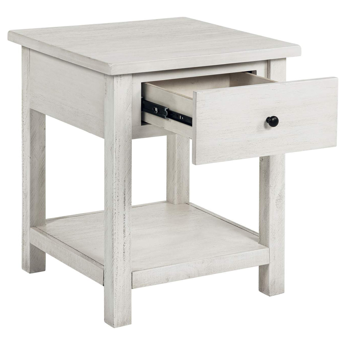 710557 Payne 1-drawer Wood End Table with Shelf Distressed White