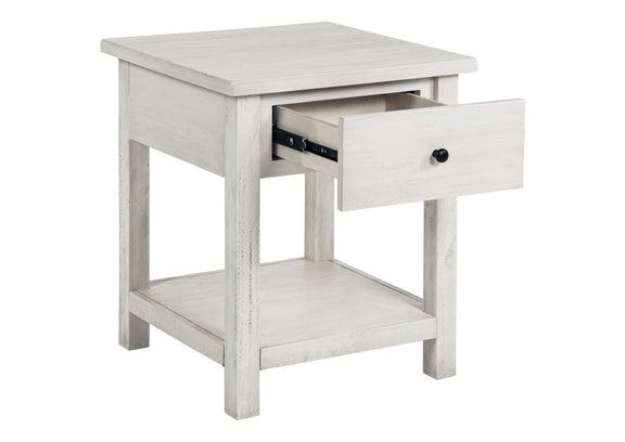 710557 Payne 1-drawer Wood End Table with Shelf Distressed White