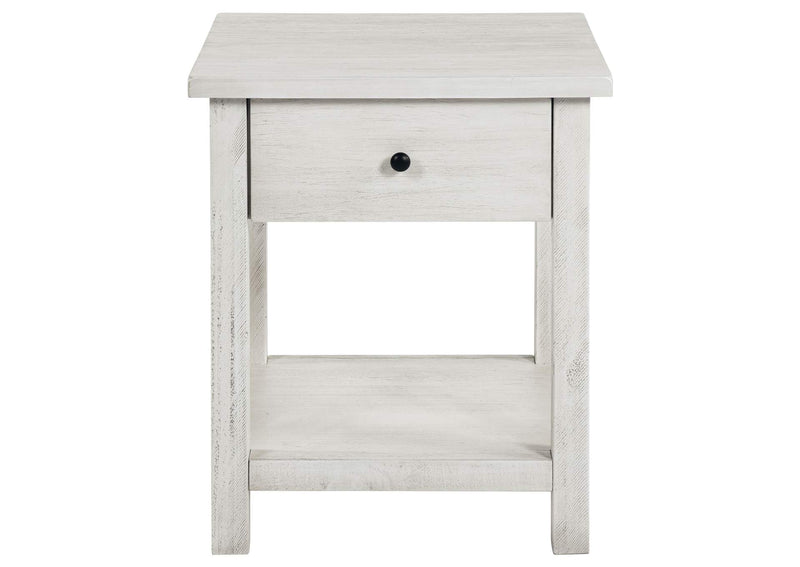 710557 Payne 1-drawer Wood End Table with Shelf Distressed White