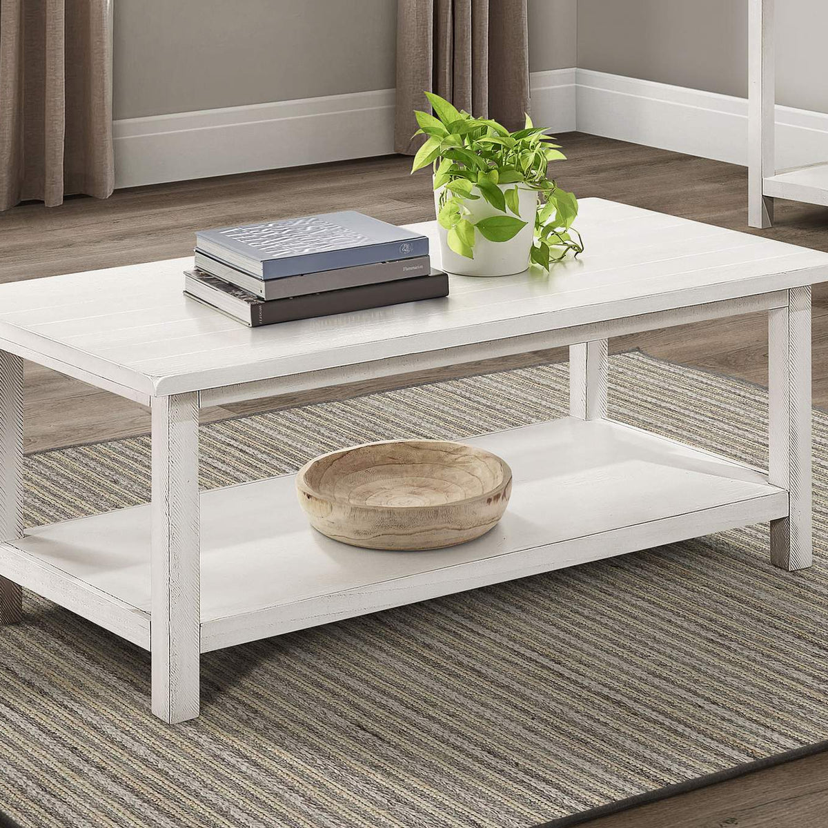710558 Payne Wood Coffee Table with Shelf Distressed White