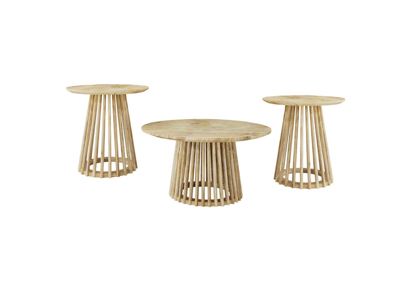 710608-S3 Touhy 3-piece Round Coffee and End Table Set Natural Mango