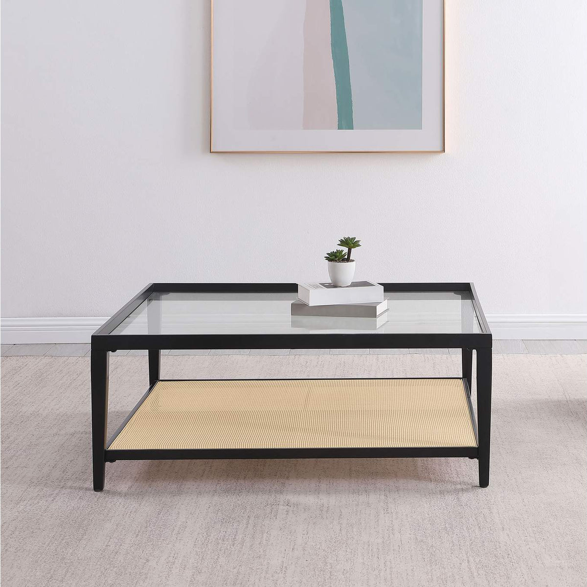 710658 Amherst Glass Top Metal with Cane Shelf Coffee Table Black