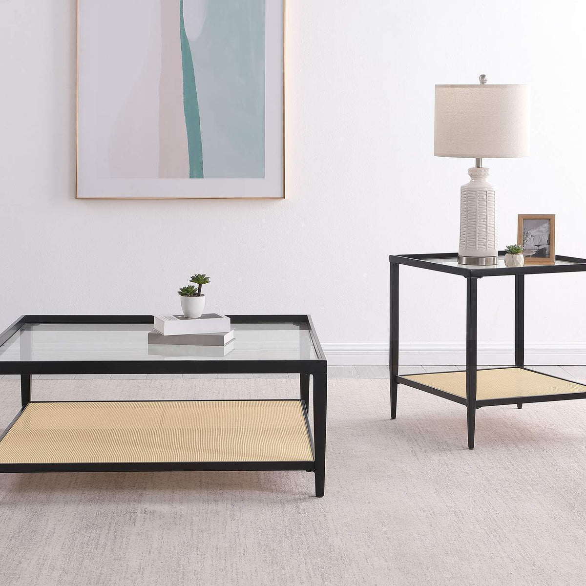 710658 Amherst Glass Top Metal with Cane Shelf Coffee Table Black