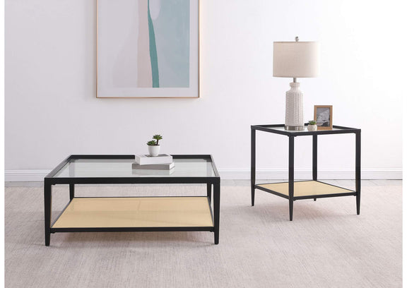 710658 Amherst Glass Top Metal with Cane Shelf Coffee Table Black