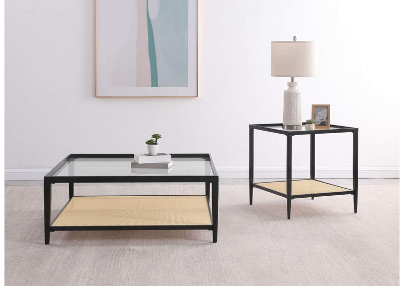 710658 Amherst Glass Top Metal with Cane Shelf Coffee Table Black