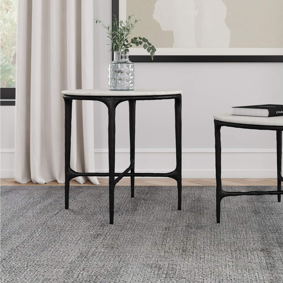 710737 Hermas Round Genuine Marble Top Metal End Side Table White