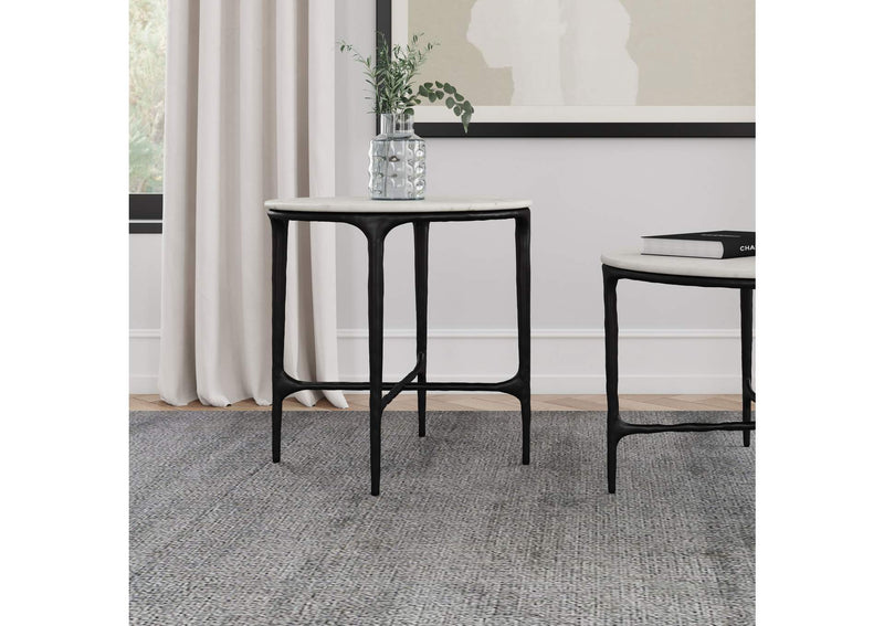 710737 Hermas Round Genuine Marble Top Metal End Side Table White