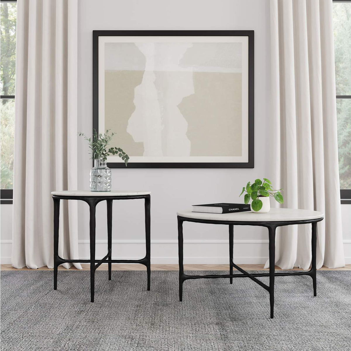 710737 Hermas Round Genuine Marble Top Metal End Side Table White