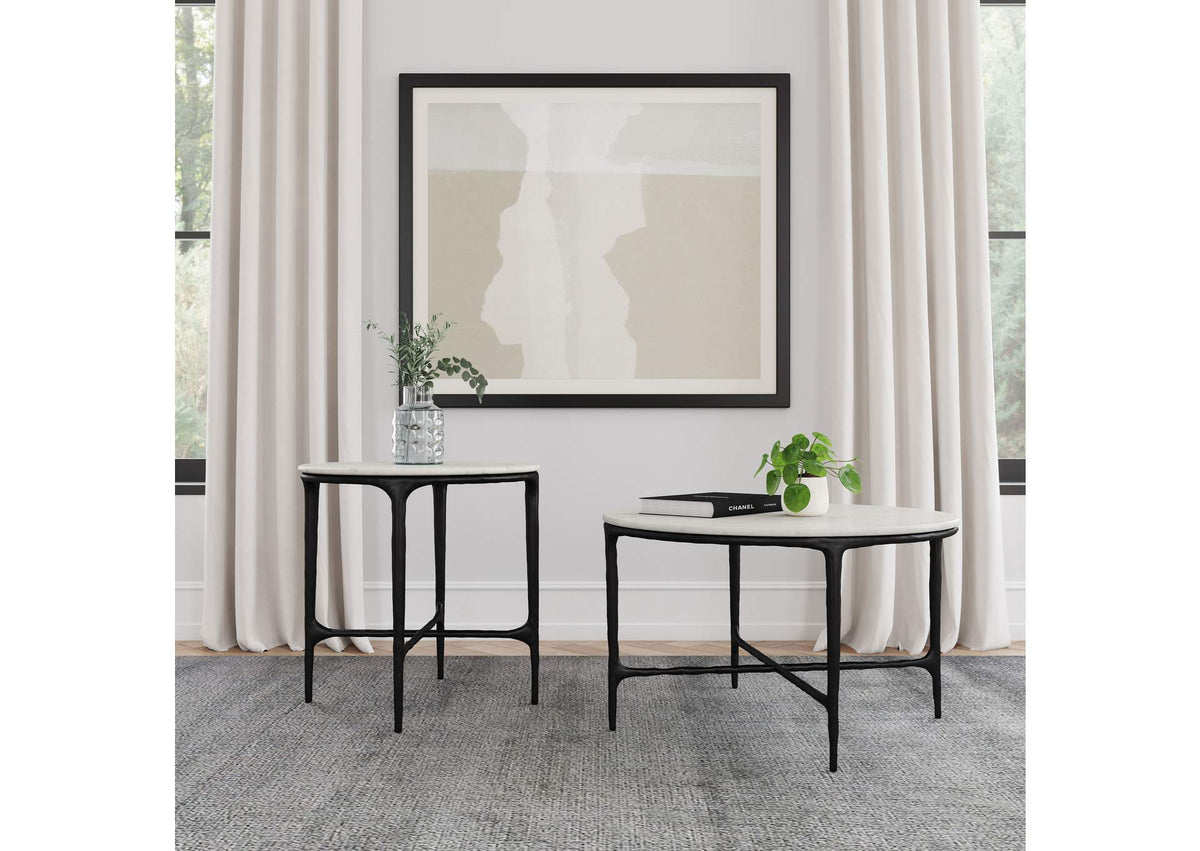 710738-S2 Hermas 2-piece Round Marble Coffee and End Table Set White