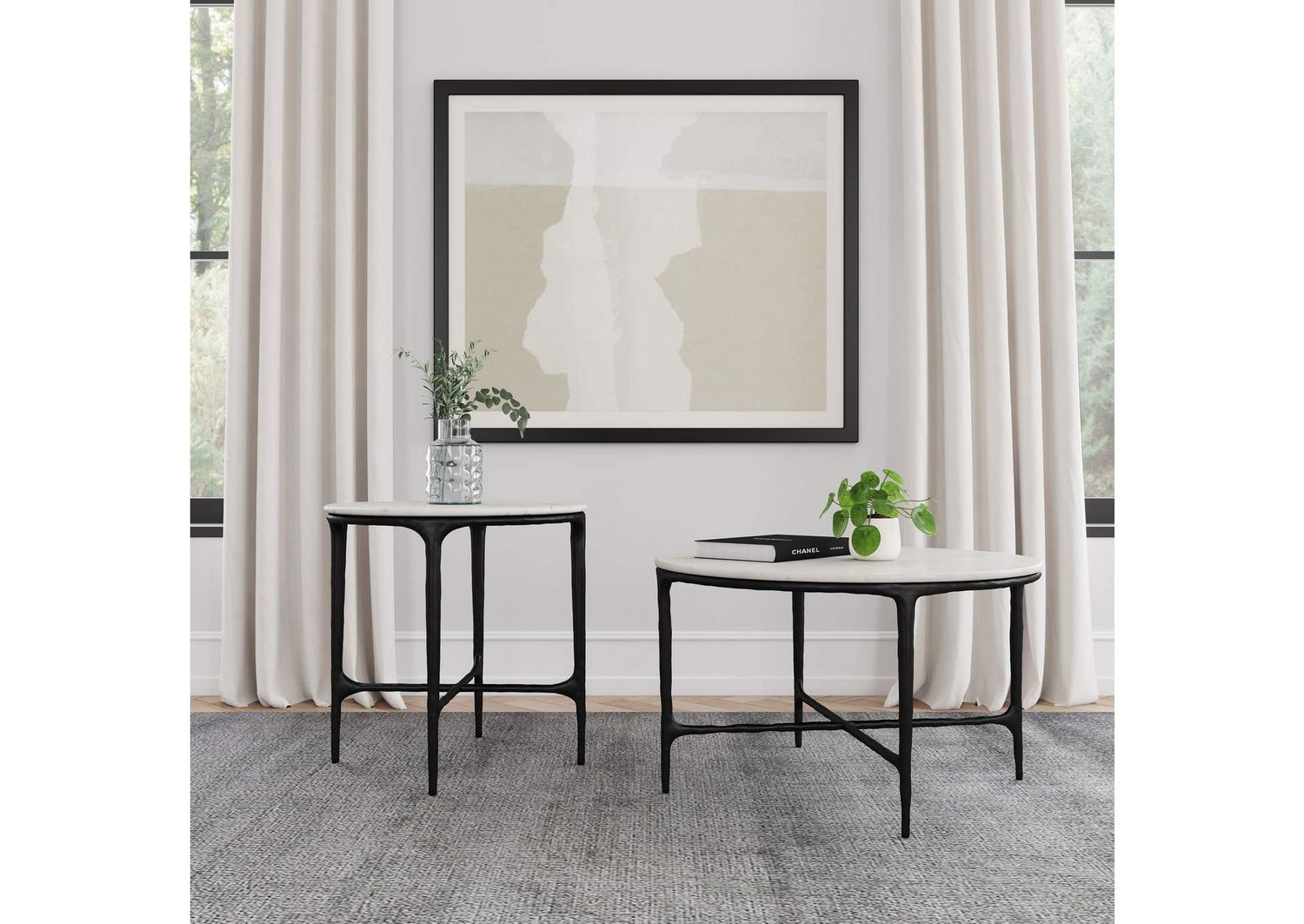 710738-S2 Hermas 2-piece Round Marble Coffee and End Table Set White